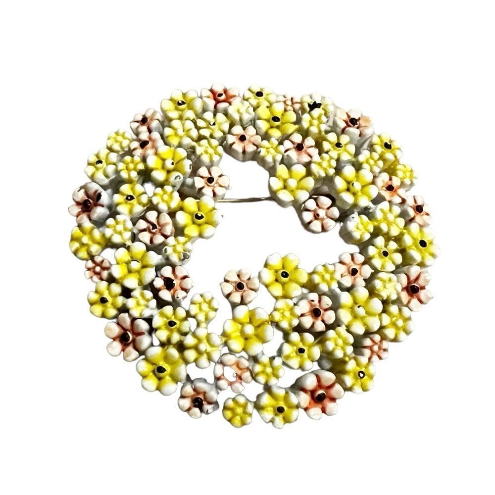 Vintage 1960’s Enamel Yellow and Coral Pink Floral Brooch